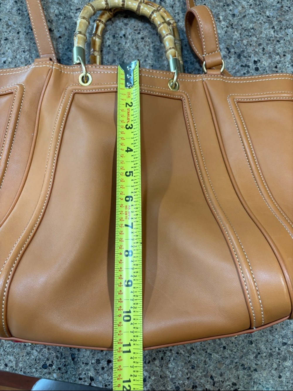 J McLaughlin Classic Tan Leather Tote Bag with Bamboo Handle - Picture 6 of 8